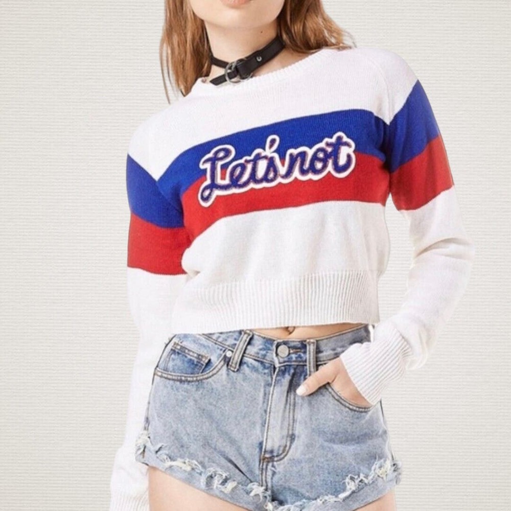 UNIF Womens Large Let's Not Varsity Cropped Sweater Red White Blue Acedemia